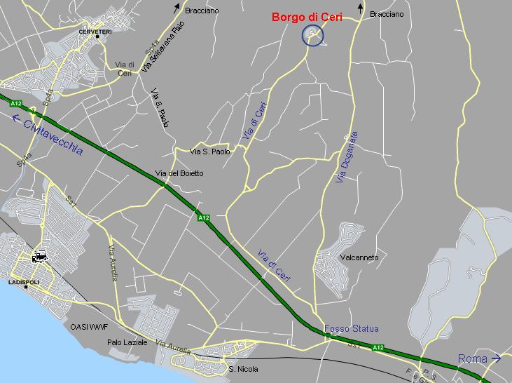 Mappa (stradario) per raggiungere Ceri da Roma, Civitavecchia e Bracciano